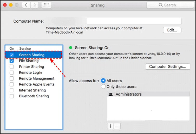Unmark the Screen Sharing checkbox