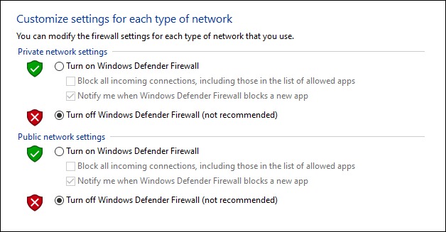 click on Turn off Windows Firewall