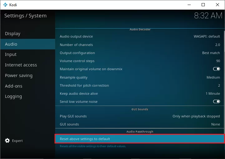 reset above settings