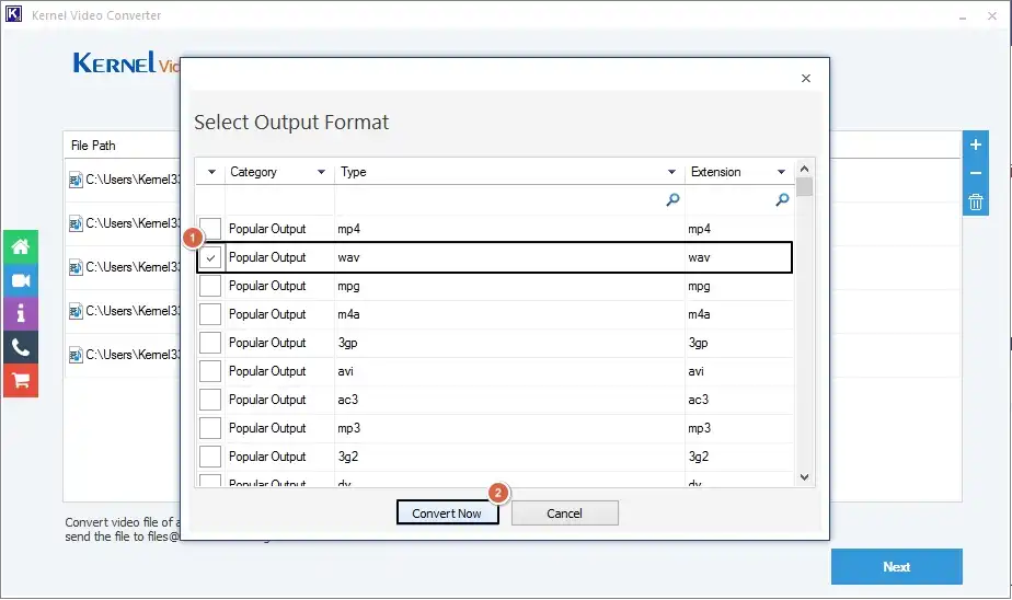 select Popular Output WAV and click on convert