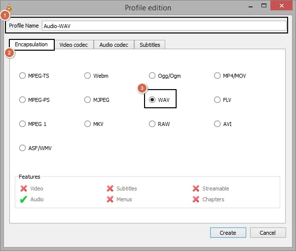 enter profile name and select wav