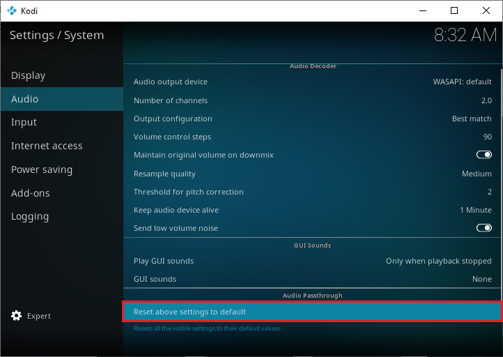 Reset above settings to default