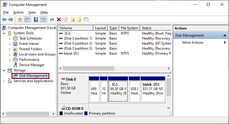 In the Computer Management select Storage then Disk Management