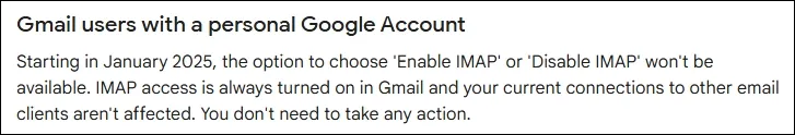 G Suite has permanently enabled IMAP access for every use