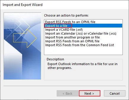 select Export to a file and click Next