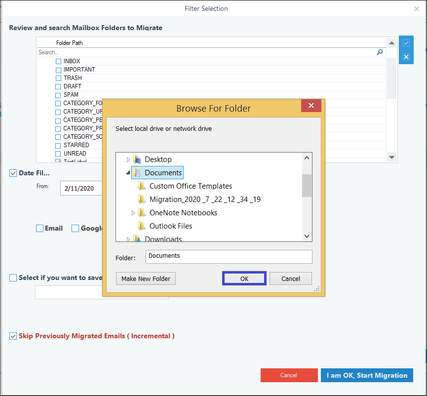 Provide a saving location for the backup PST