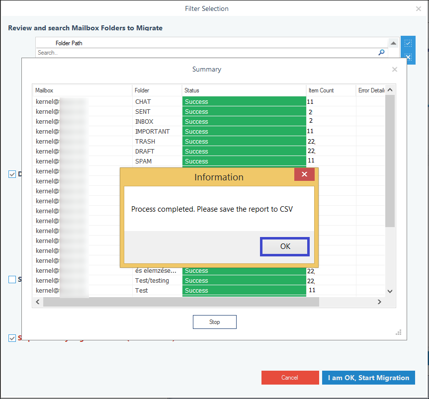 live progress of the Contacts and Calendars/Appointments backup