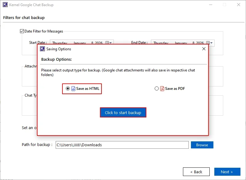 Click to start backup