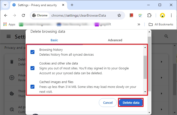 make sure all the options are selected