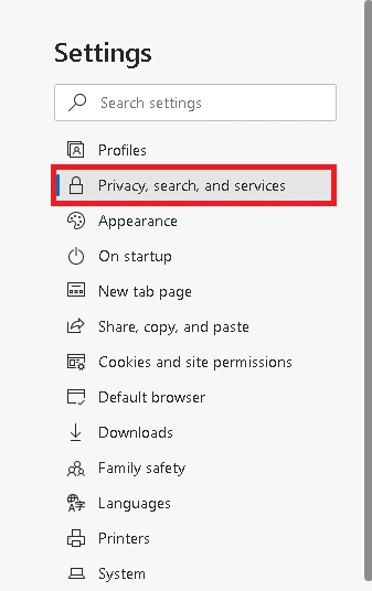 select Privacy, search and services option