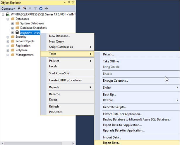 right-click on any database you want to open in Excel