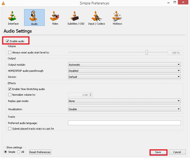 enable audio option