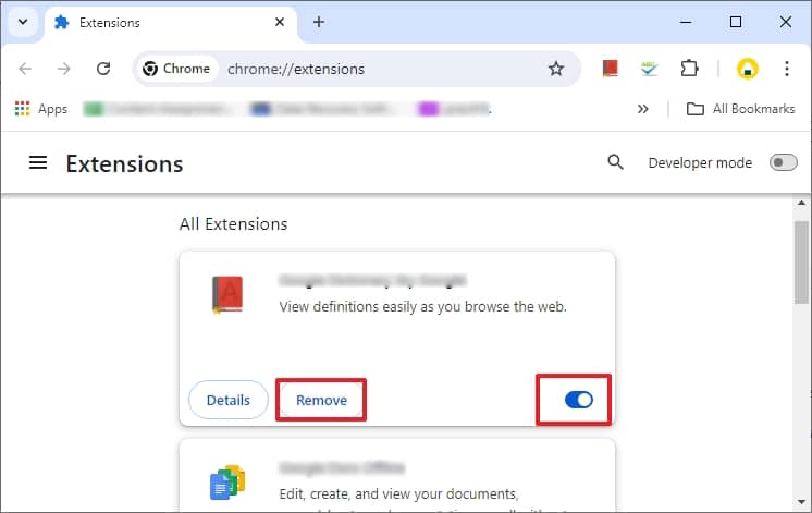 toggle off the switch for the available Extensions