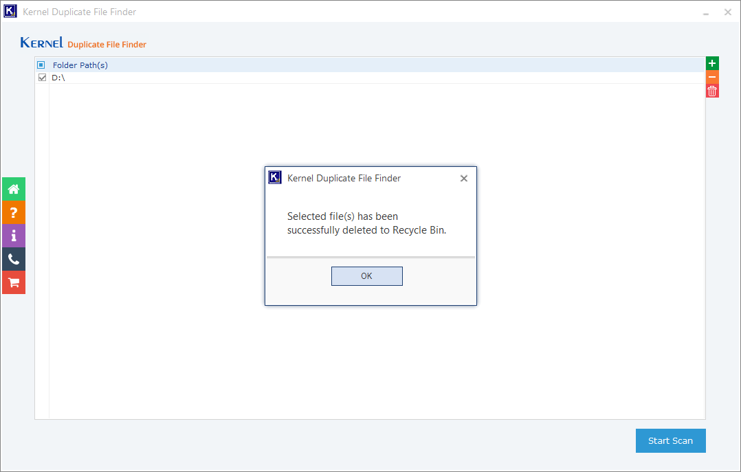 The duplicate files are deleted to the Recycle Bin successfully and Click OK