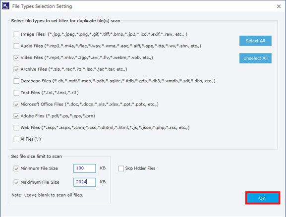 File Types Selection Setting