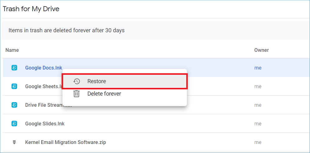 choose the Restore option