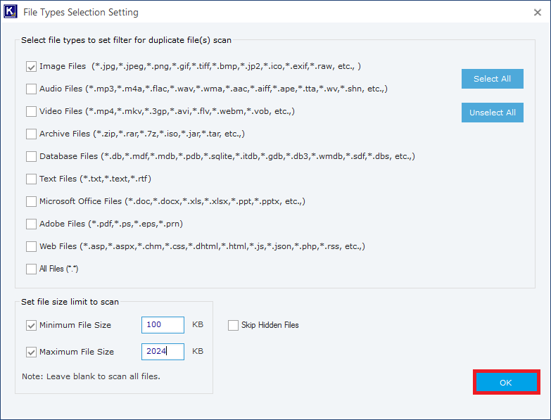 File Type Selection Setting