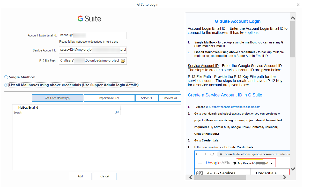 Enter G Suite account details