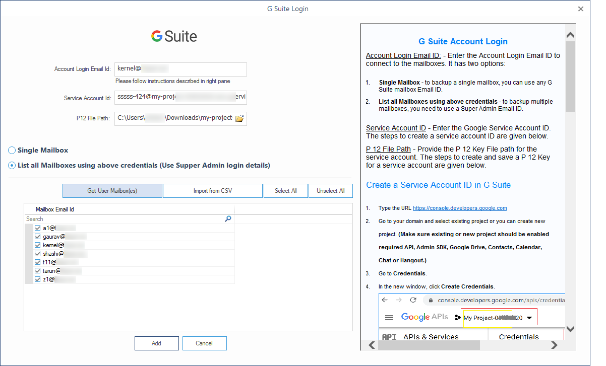 Select the required G Suite mailboxes