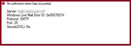 Windows Live Mail 0x8007007A error