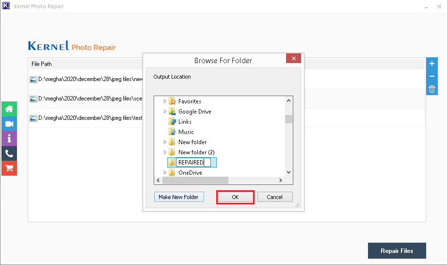 Provide the saving path location to save the repaired files
