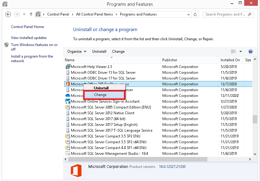 Select the Change option 