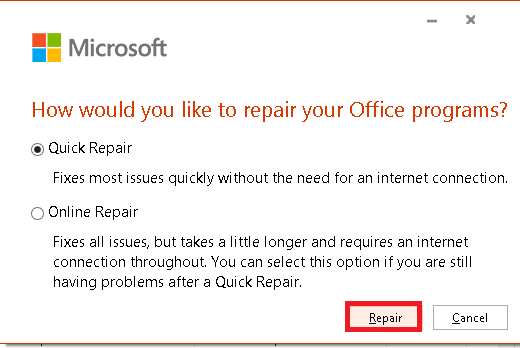 select the repair option