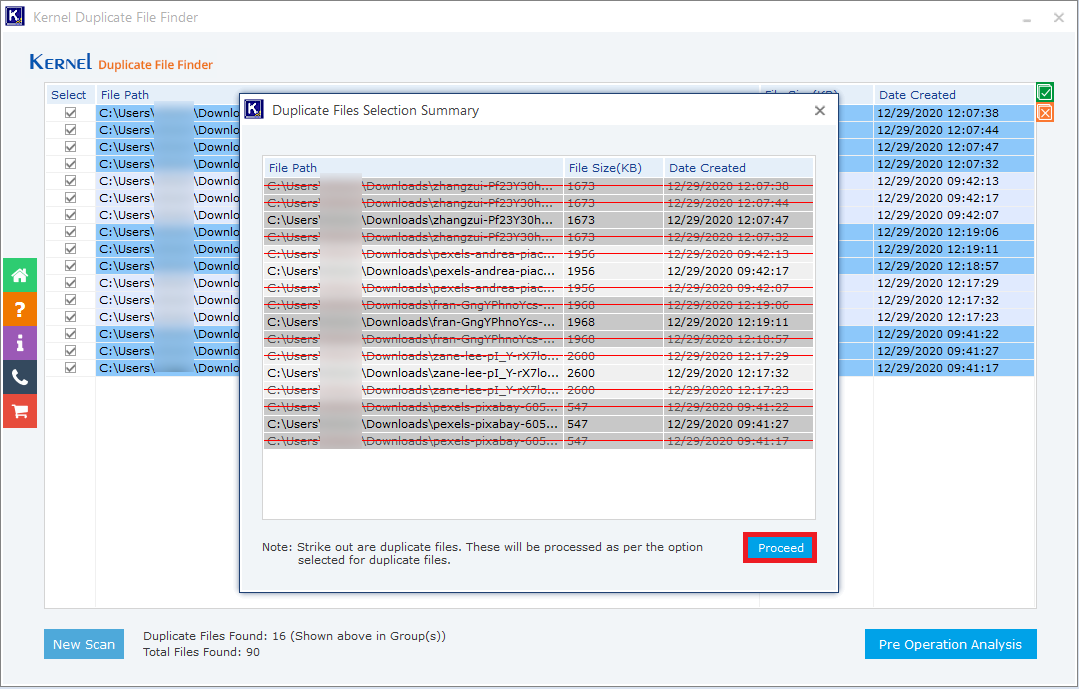 The duplicate files are now displayed with the red strikes