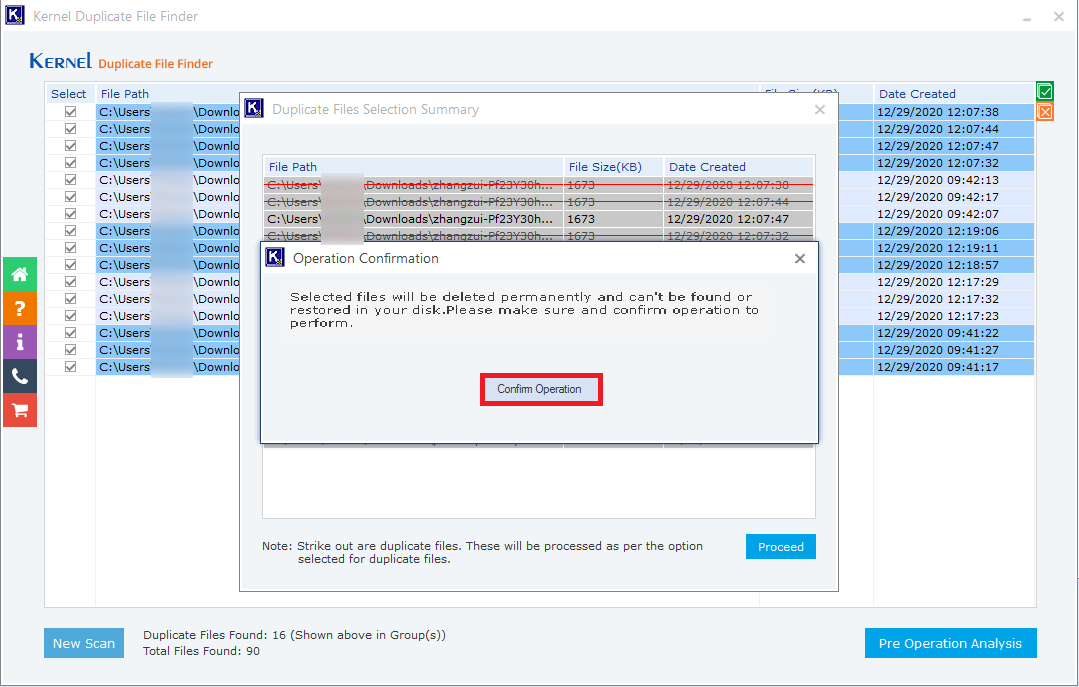 The duplicate files are now displayed with the red strikes