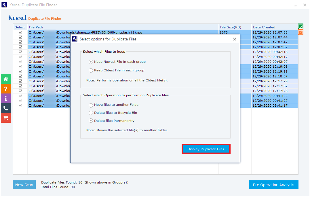 Choose the files you want to keep and then choose any action to perform on the rest of the files