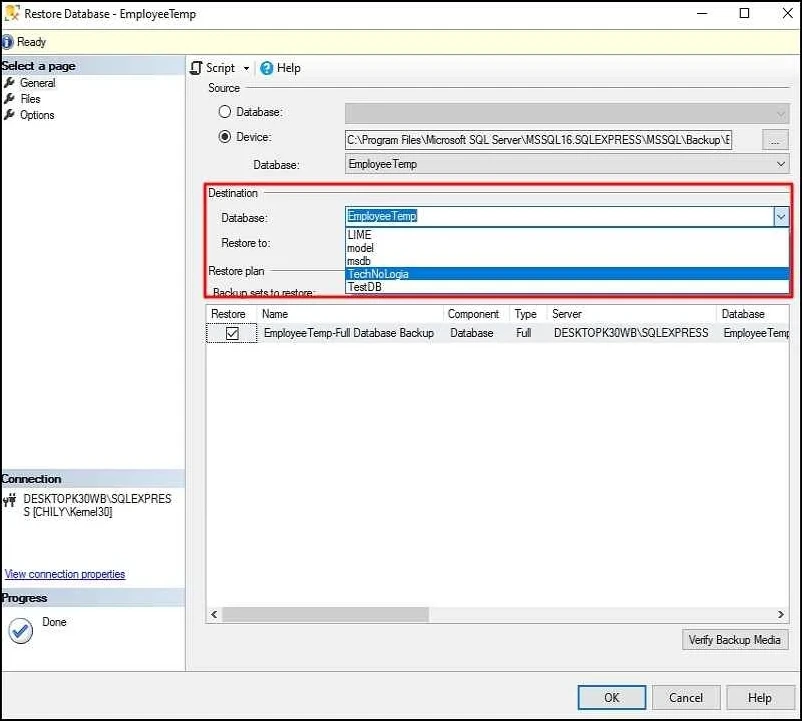 select destination database