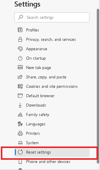 Go to the Reset settings section and click on it