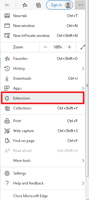 click on the Extensions option