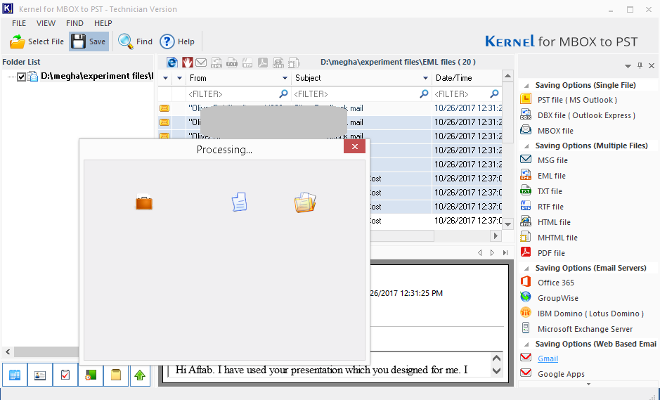 import process of the EML files to the Gmail account