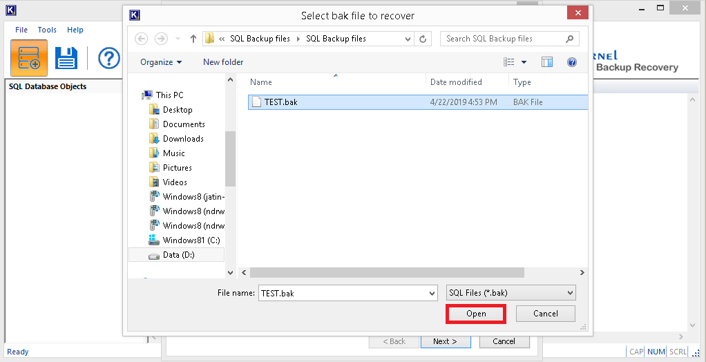 Select the desired MS SQL BAK file