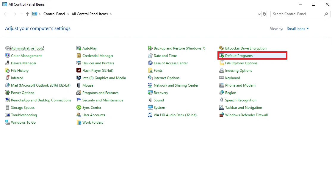 default programs option