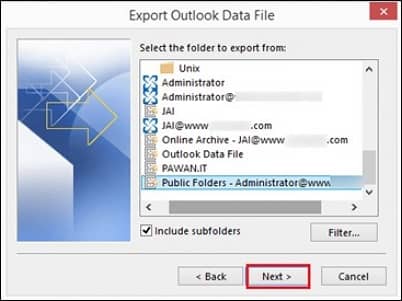 Select the public folders of the Office 365 account and click Next