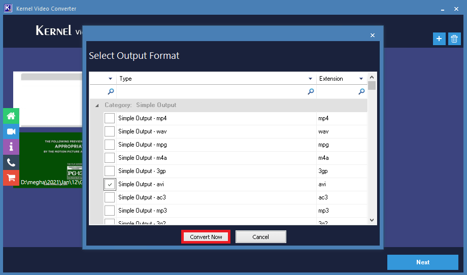 Select the desired output format