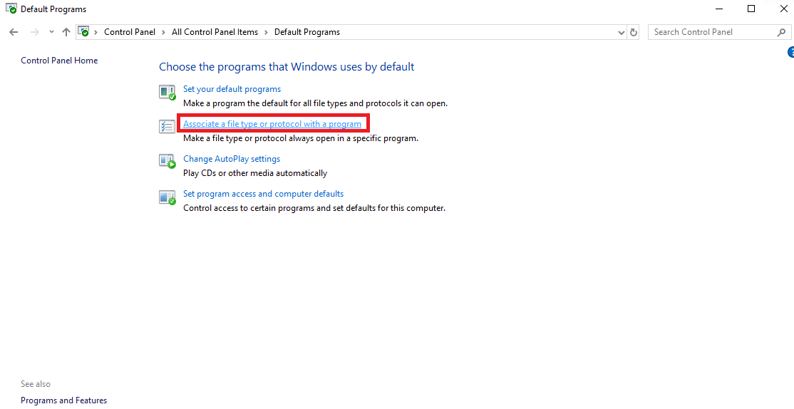 click on the Associate a file type or protocol with a program