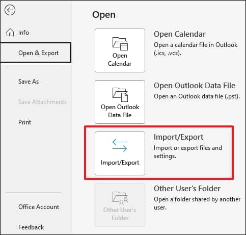 Choose the Import or Export option