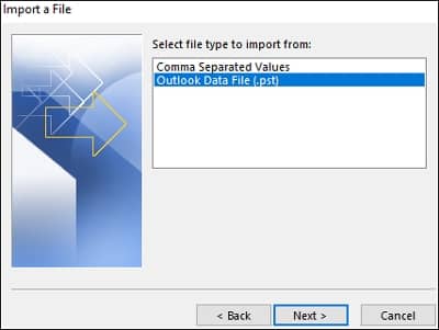 Select the second option of Outlook Data File 