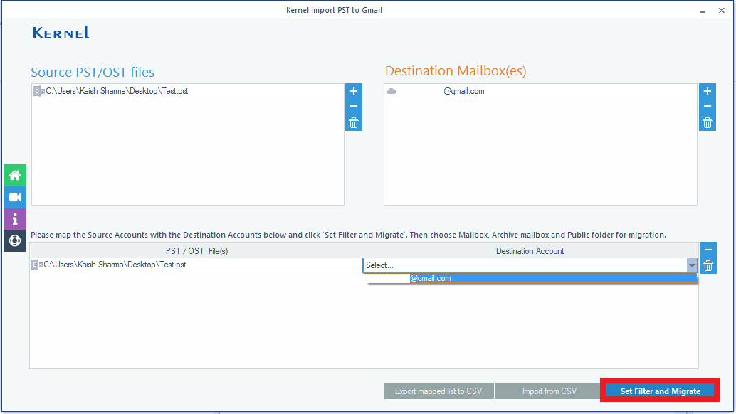 Map the source PST file with the destination Gmail account