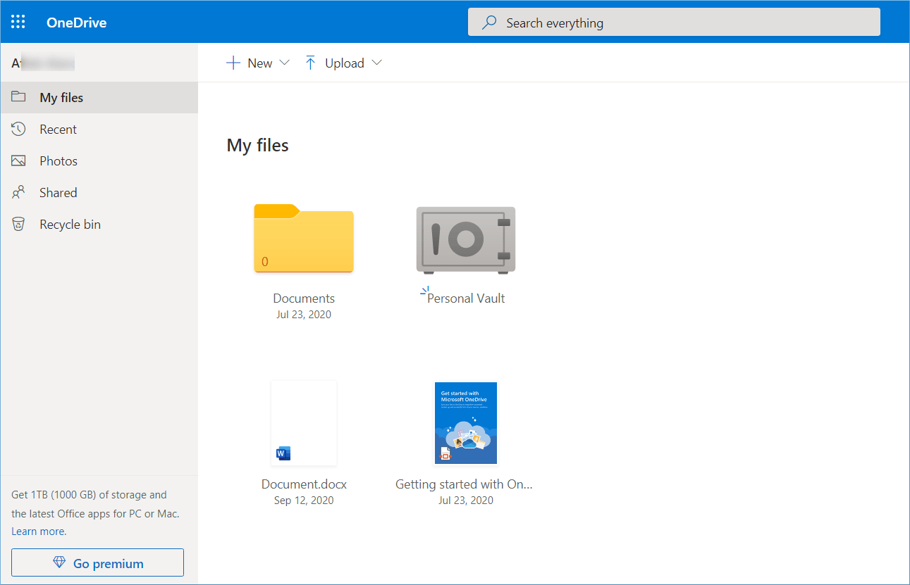 interface of OneDrive