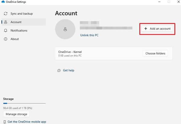 go to OneDrive and click on the Add an account