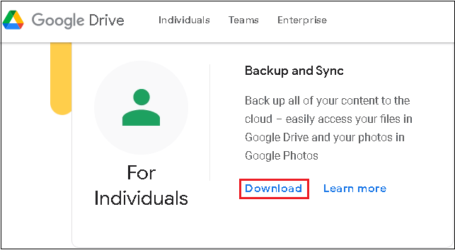 click Download against the Backup & Sync application.