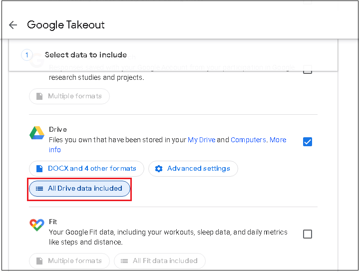 clicking the All Drive data included option