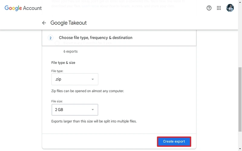 click create export