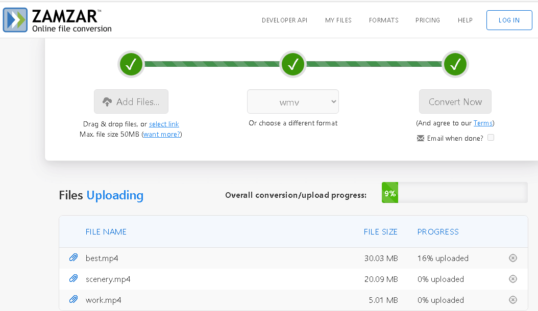 The conversion will start with the view of the live progress of files uploading