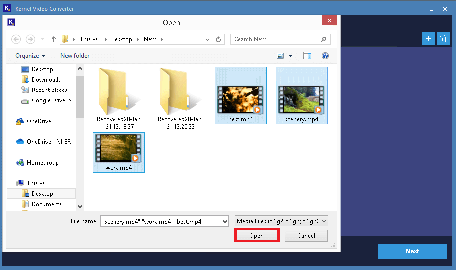 Select desired mp4 files for conversion and click Open to add them