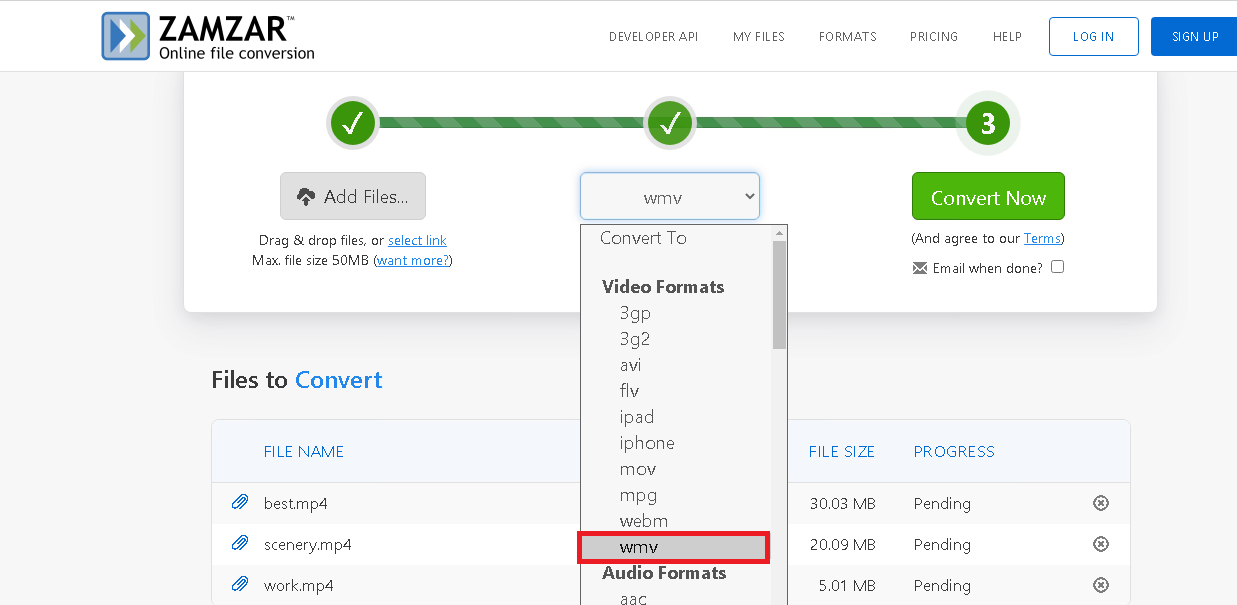 select the output video file as WMV